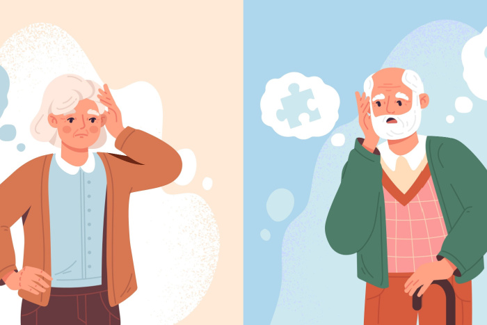 Illustrasjon av eldre dame og mann som holder seg til hodet